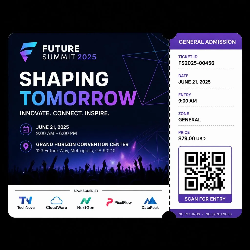 A branded digital event ticket with QR code