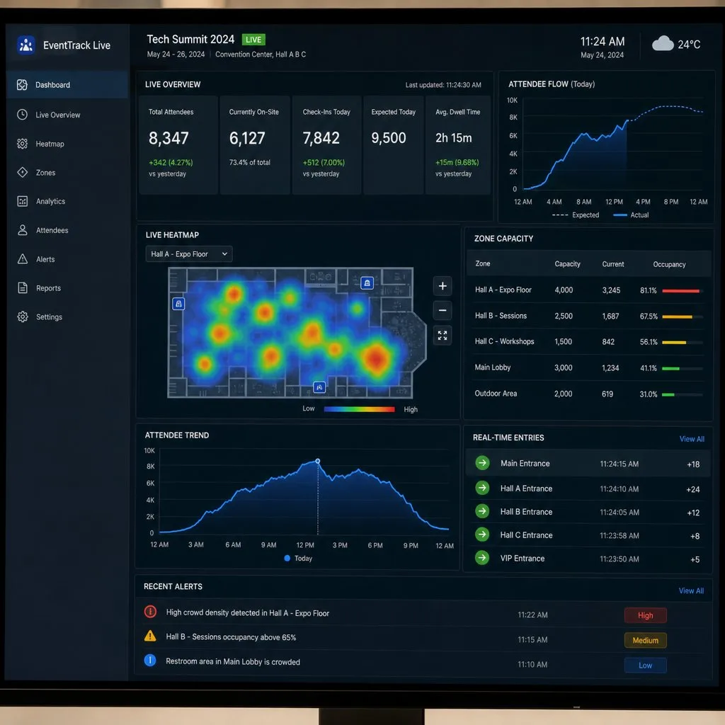 Event organisers reviewing live attendance data on a dashboard