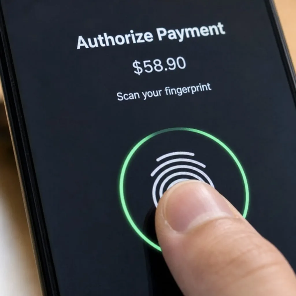 Fingerprint authorization on a phone — biometric approval before anything leaves the wallet