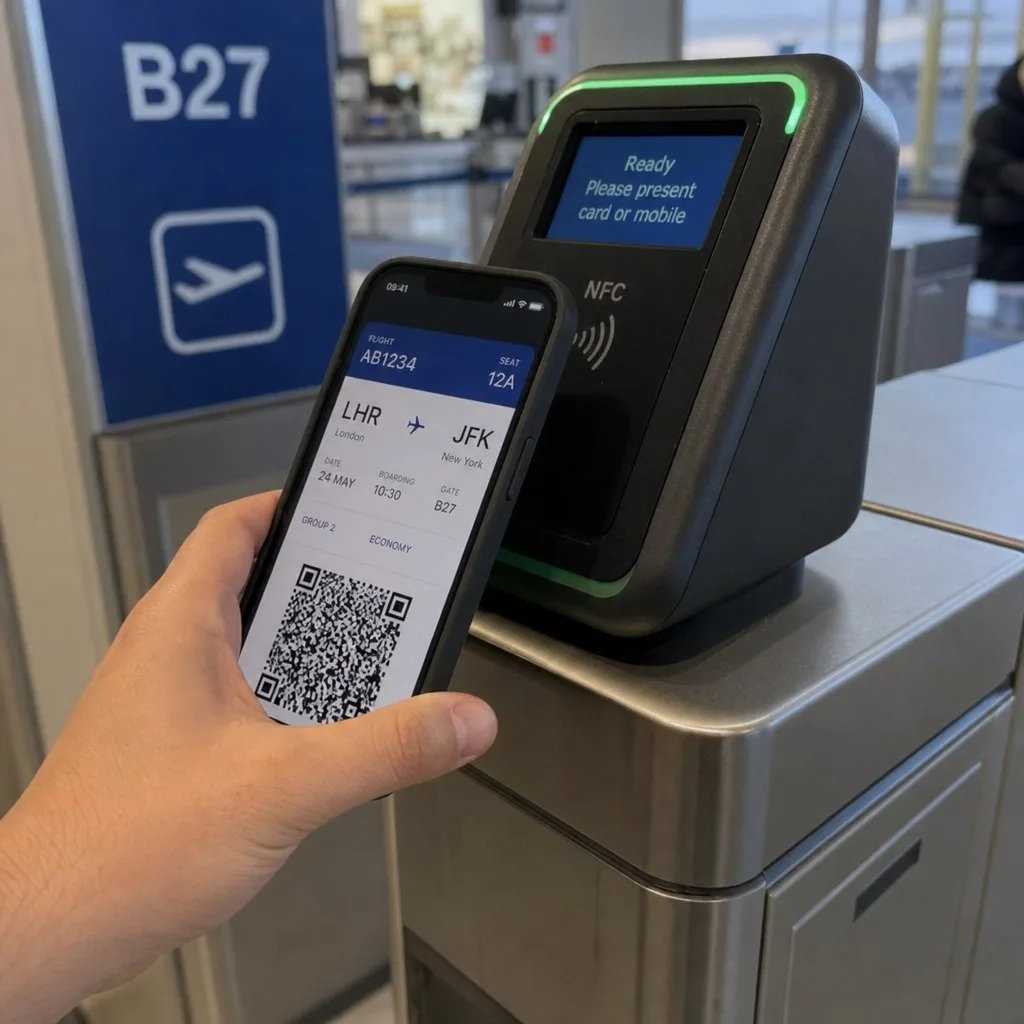 A boarding pass shown on a phone lock screen at the airport
