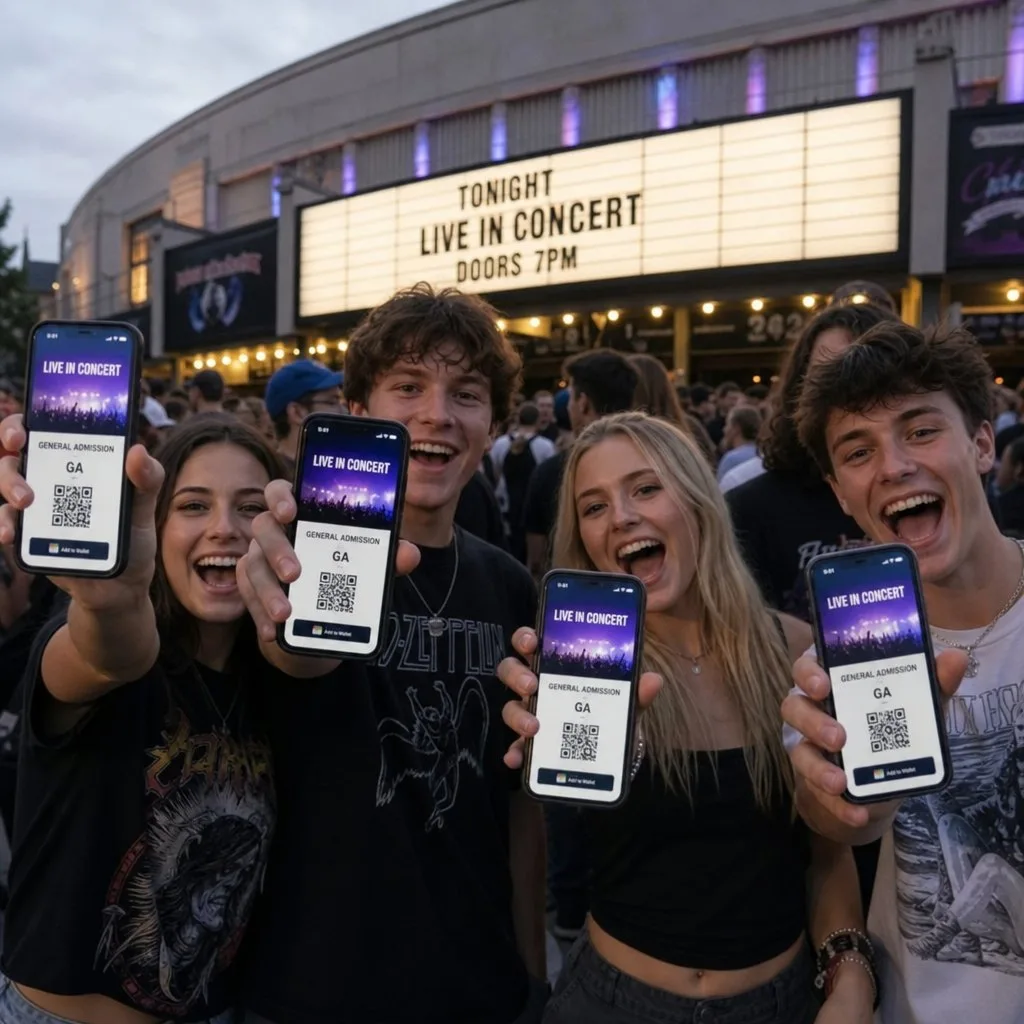 Attendees scanning digital tickets at a venue entrance