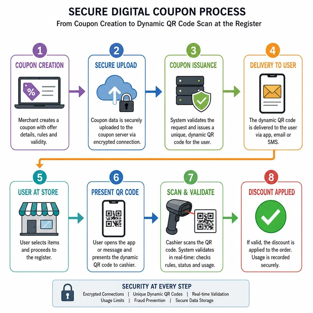 The secure digital coupon process, from creation to scan at the register