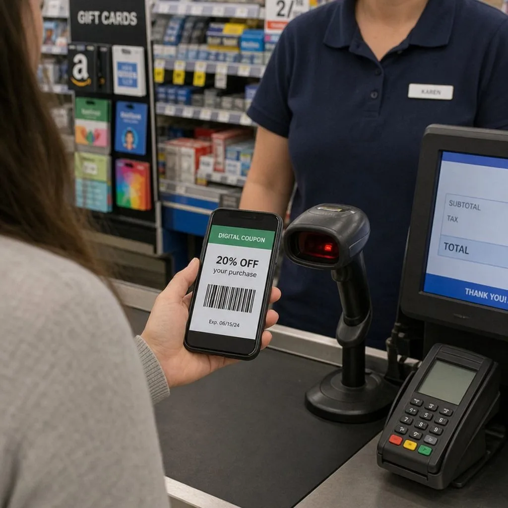 A wallet coupon being scanned at the register