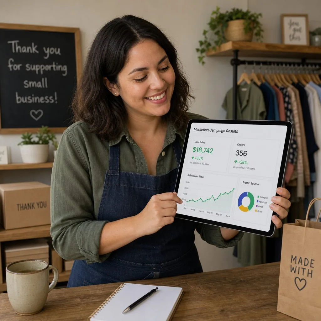 A small business owner reviewing her wallet coupon campaign results