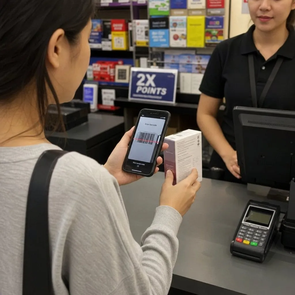 A digital coupon displayed on a smartphone at a checkout