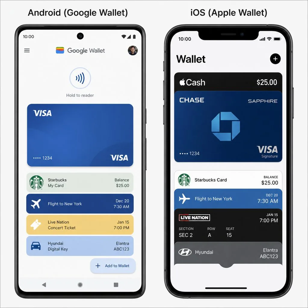 Google Wallet and Apple Wallet on two phones