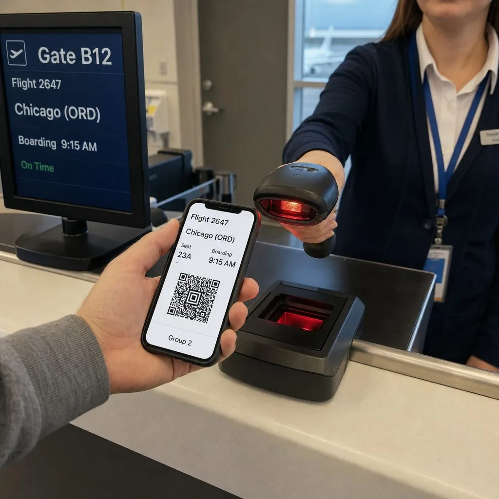 A Google Wallet boarding pass being scanned at the gate