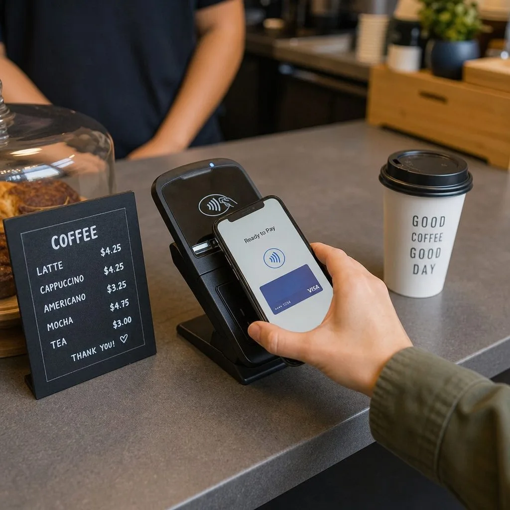 Paying and presenting passes by phone at a café counter