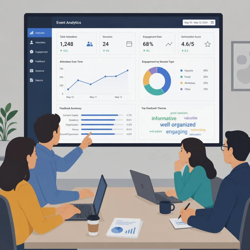 An event team reviewing registration and attendance dashboards together