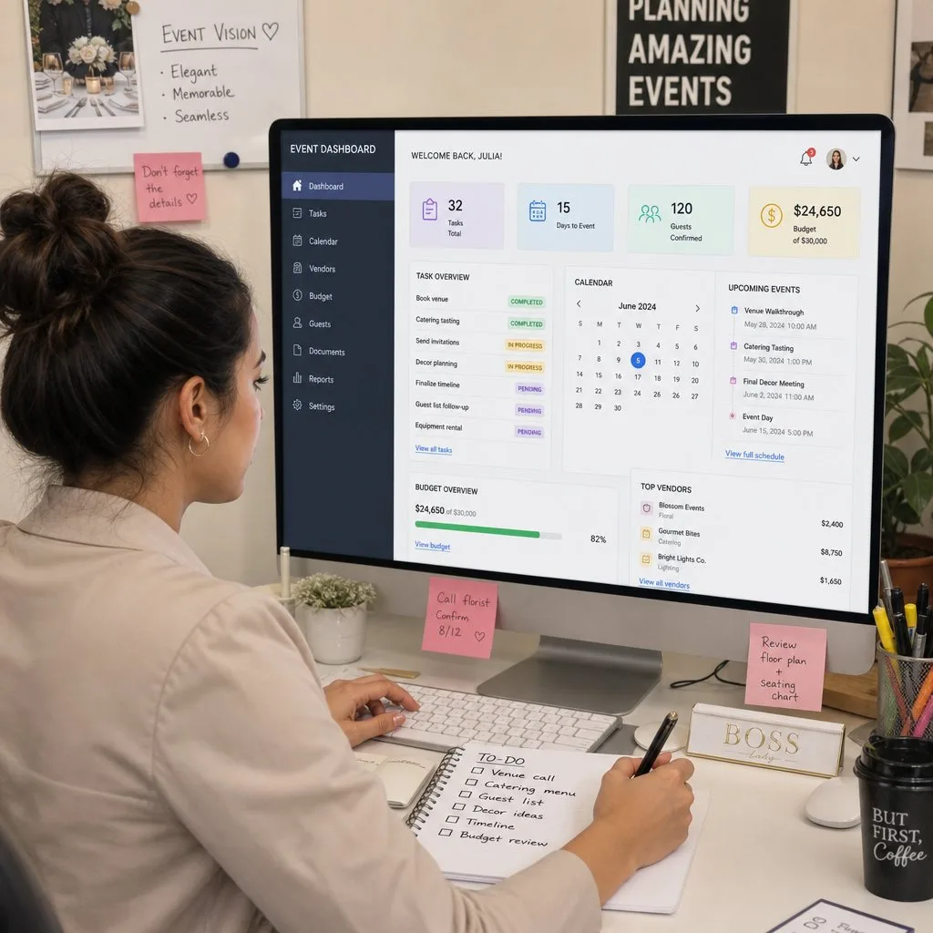 A planner managing an event schedule and attendee list on a single dashboard