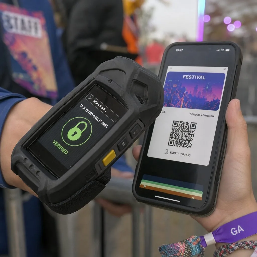 A handheld scanner validating a QR ticket at a festival gate