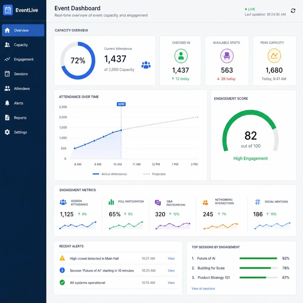 An event dashboard showing live attendance and check-in metrics
