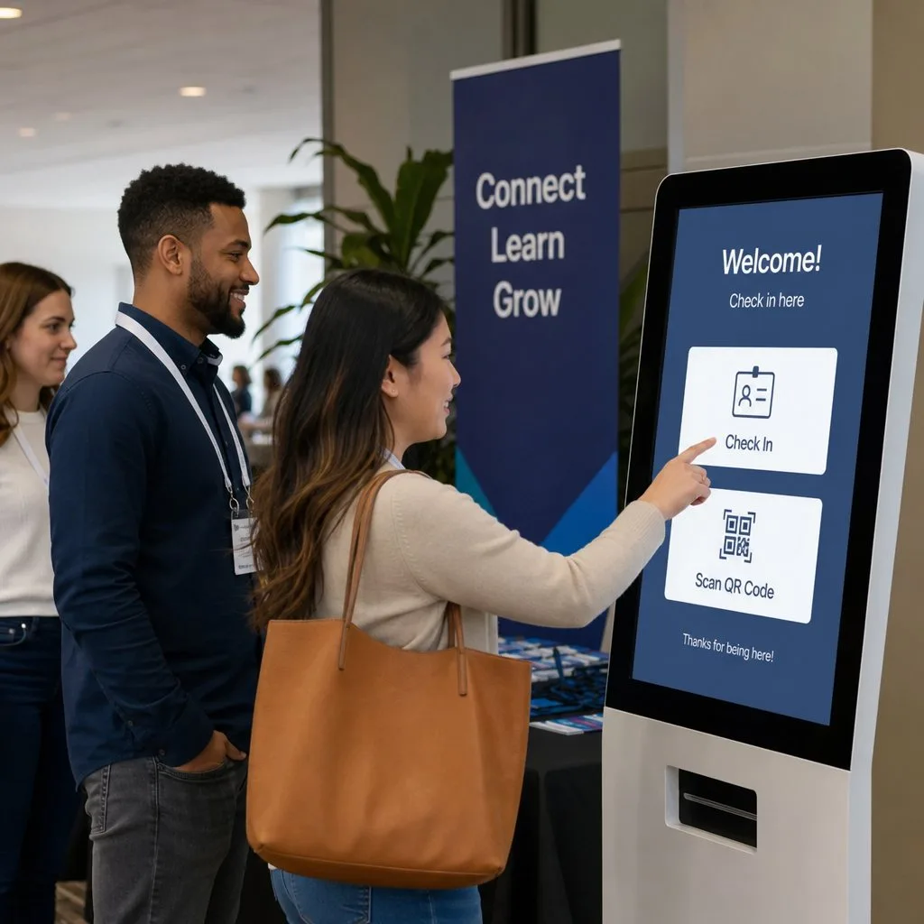 A visitor checking in at a self-service kiosk at a conference