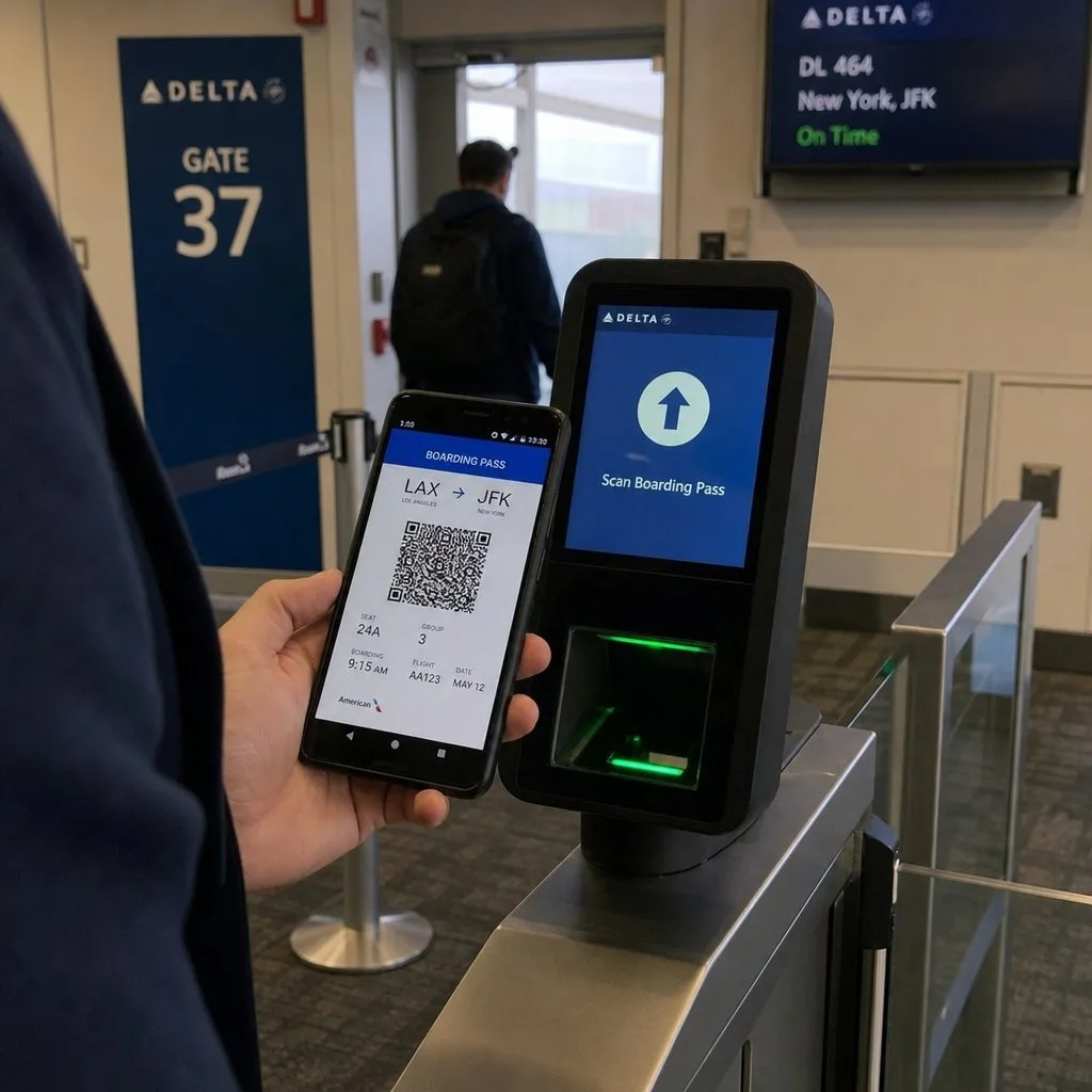 A commuter using a digital transit pass on a phone at a station gate