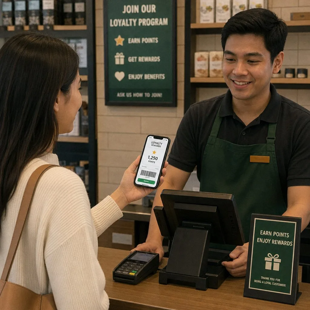 A customer joining a loyalty program at the counter with her phone