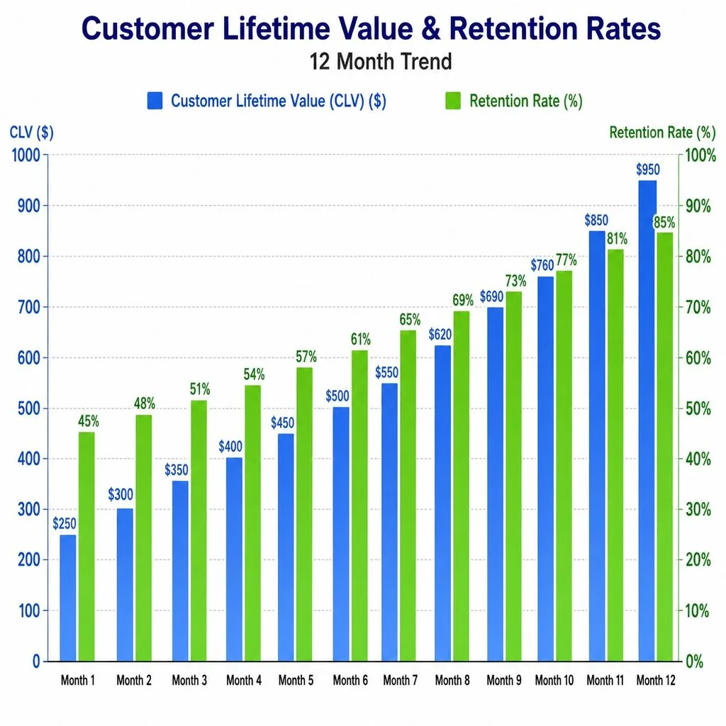 Customer lifetime value and retention rates climbing over twelve months