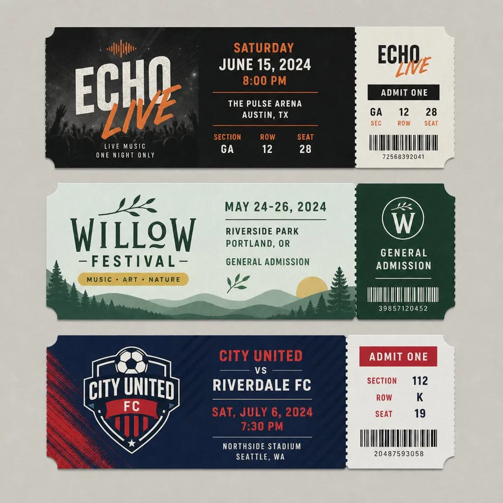 Event ticket designs for a concert and a football fixture
