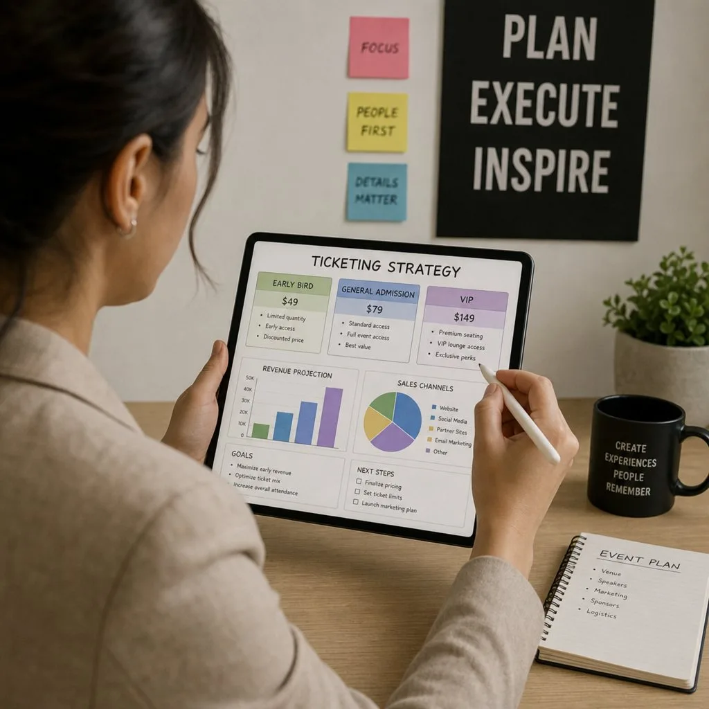 A planner designing an event ticket layout on a tablet