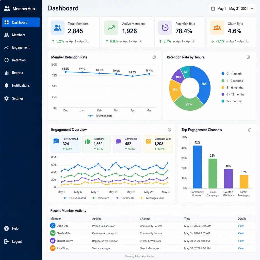 A membership dashboard tracking engagement and renewals