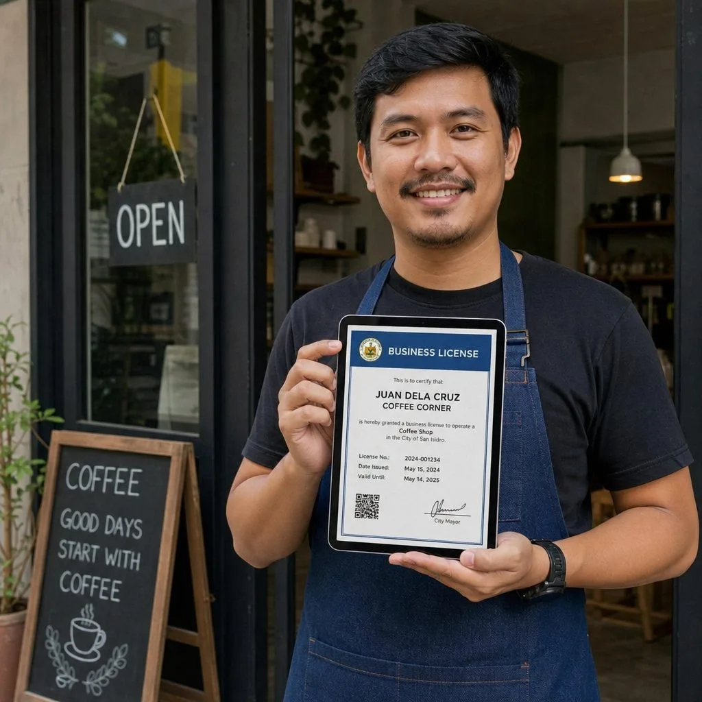 A shop owner displaying a digitally verifiable business license