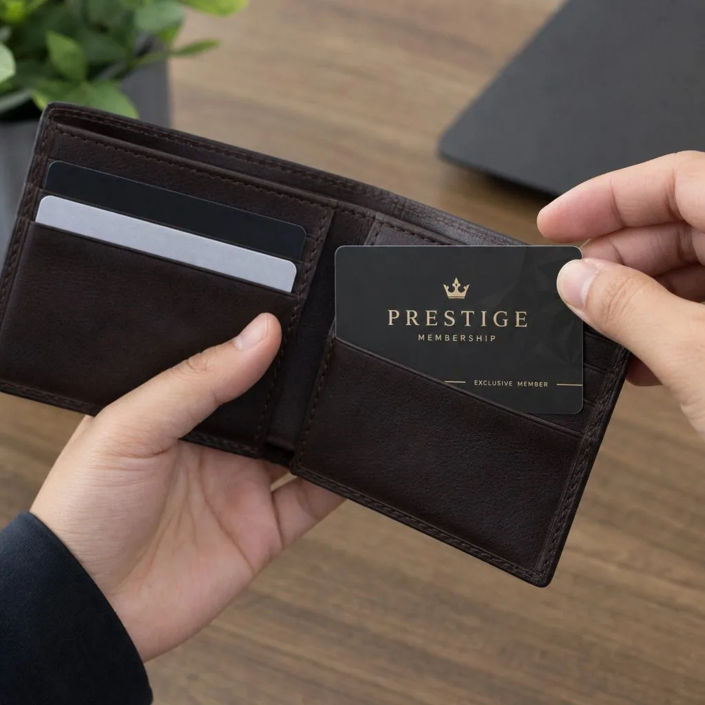 A prestige physical membership card in a leather wallet