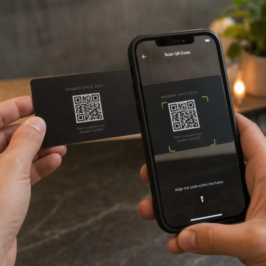 A hybrid card pairing a printed design with a scannable QR code