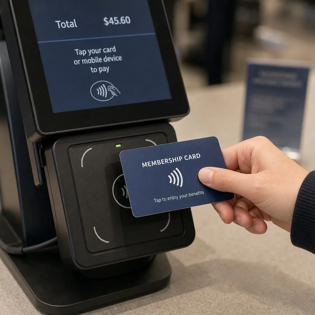 A member tapping an NFC membership card at a reader