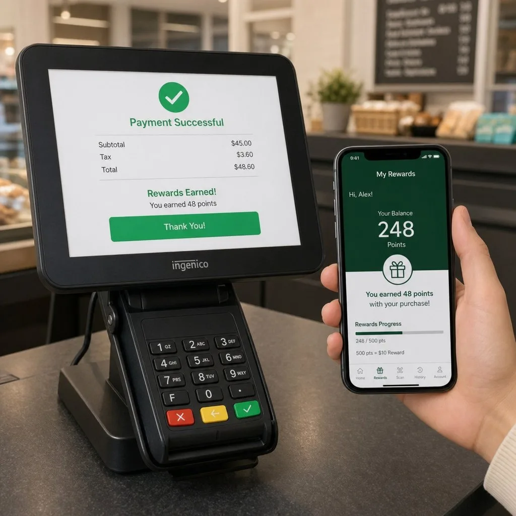 A customer scanning a QR code to join a loyalty programme at a counter