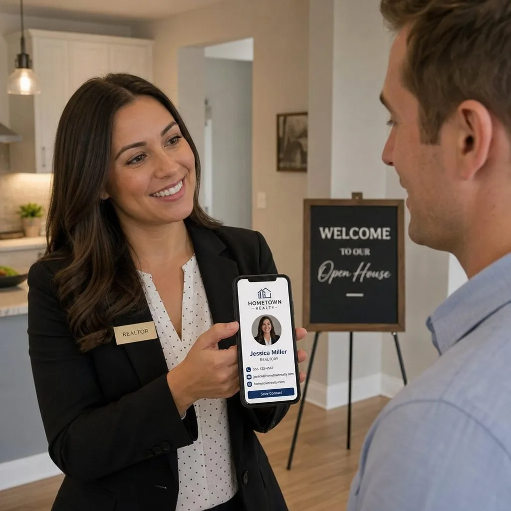 A property viewing with a digital contact card on a phone