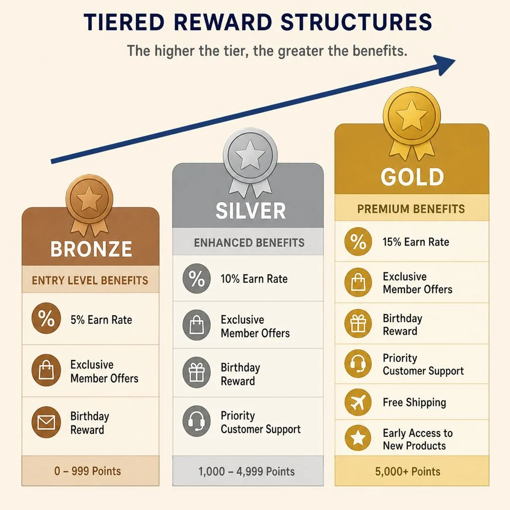 Tiered reward structures — the higher the tier, the greater the benefits