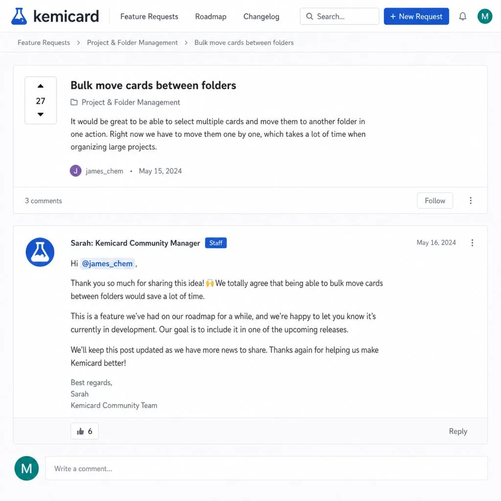 Feature requests being tracked on the product board