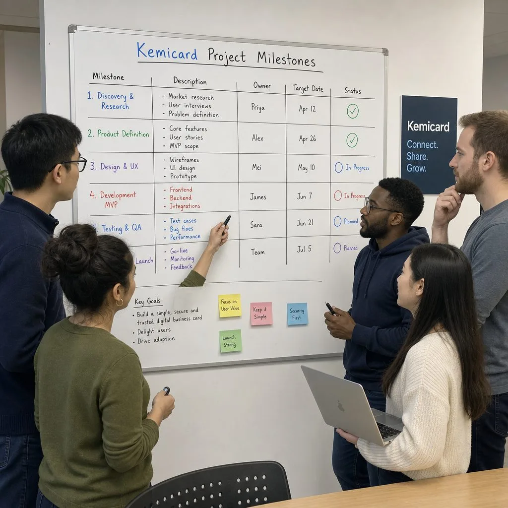 Team planning milestones on a whiteboard