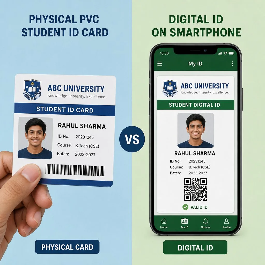 Physical PVC student ID card versus digital student ID on a smartphone