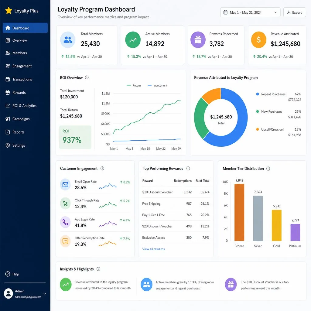 A loyalty program dashboard tracking members, points, and revenue