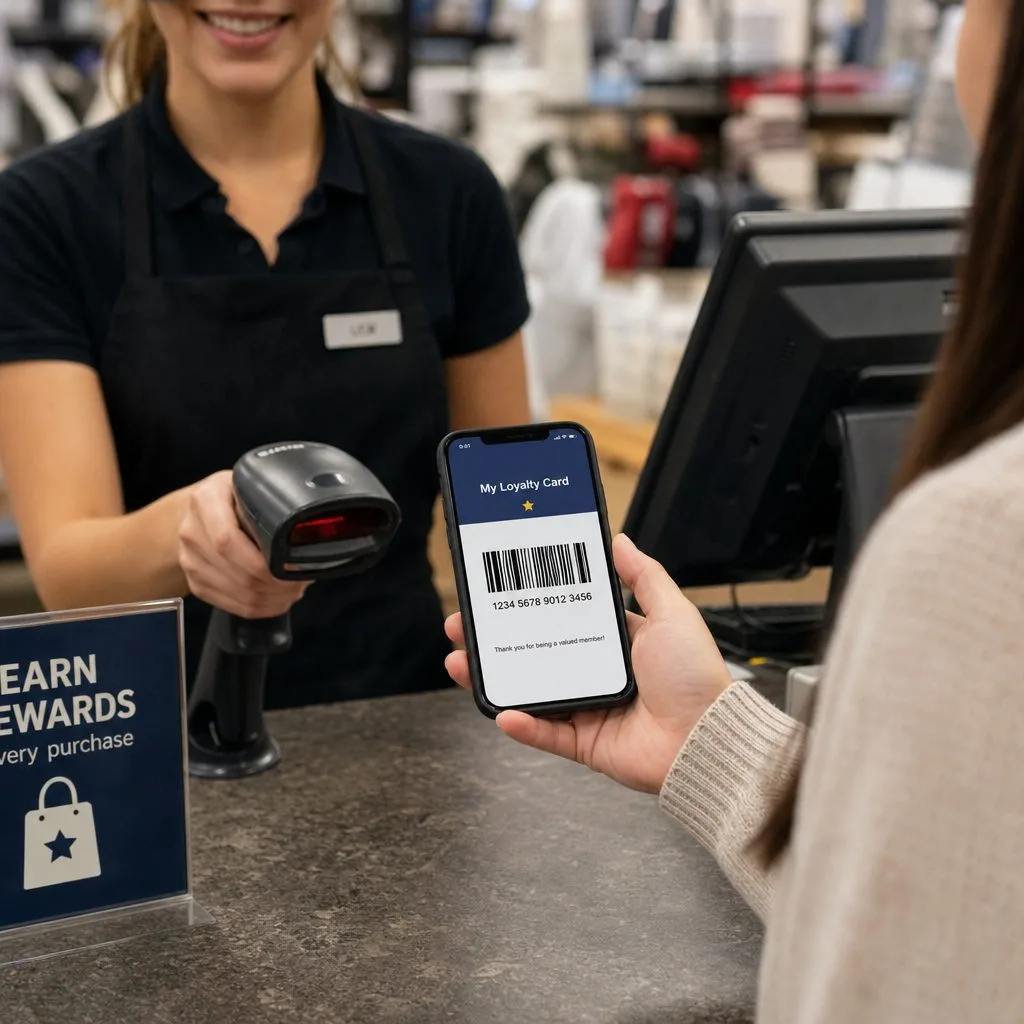 A customer scanning a loyalty QR code at the counter