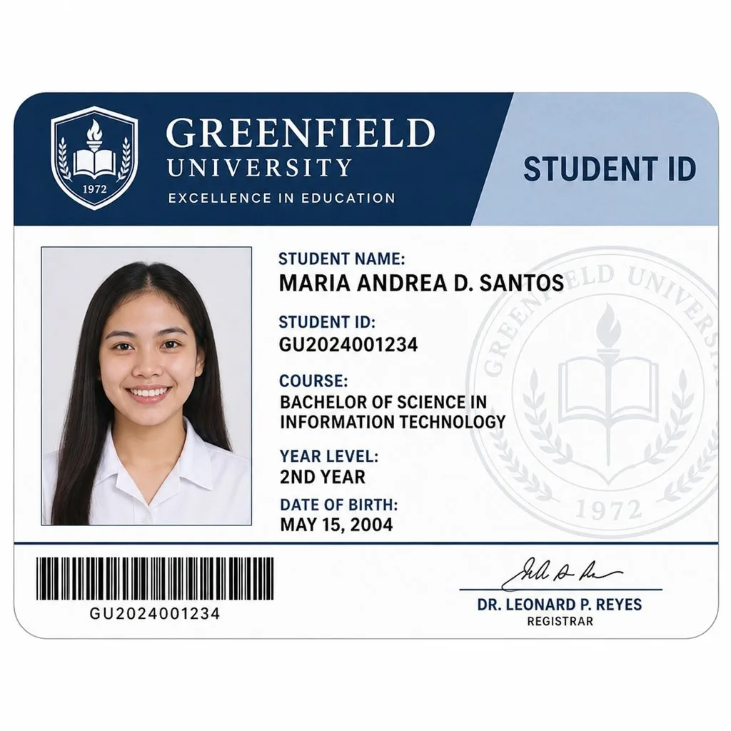A student ID card template being designed on screen