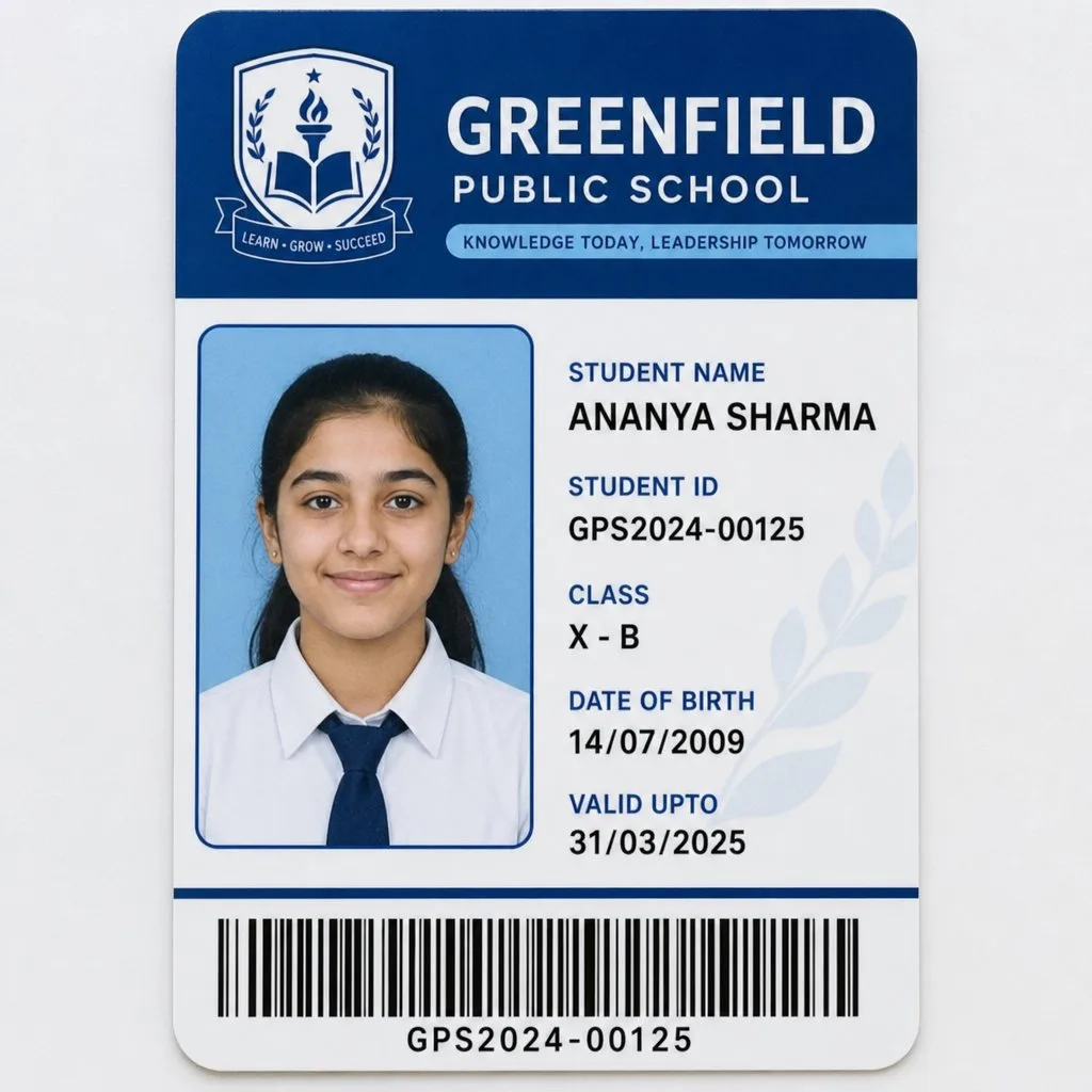 A student ID card showing photo, name, student number and barcode