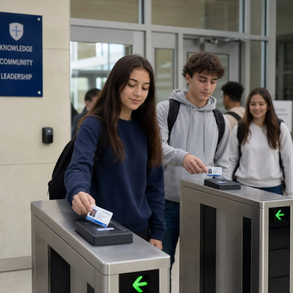 Students passing through a campus turnstile using ID cards