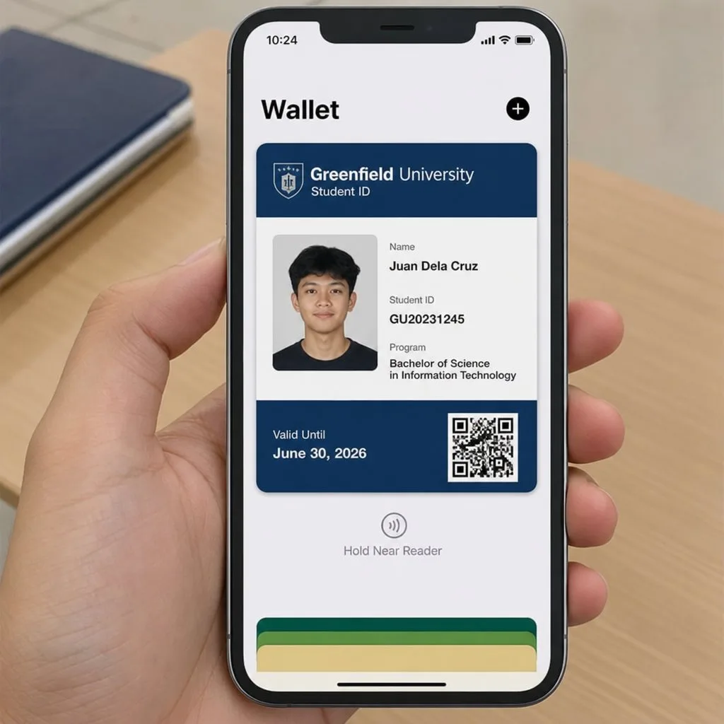 A digital student ID card displayed in a phone wallet
