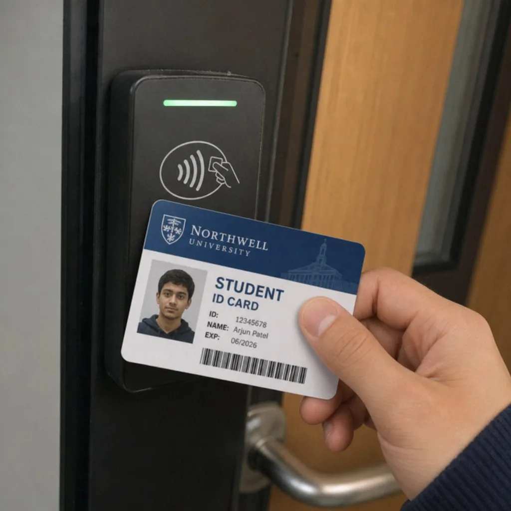 A student ID card showing a photograph and identification fields