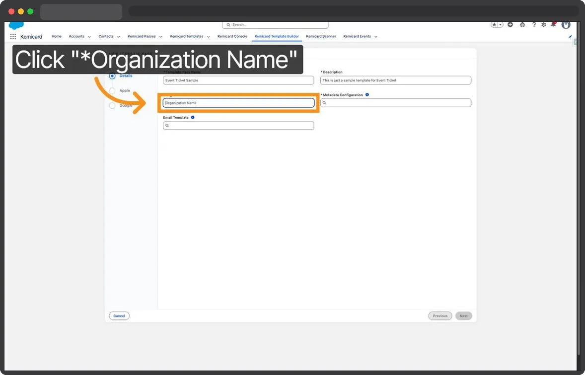 Kemicard Studio — Select Organization Name Field