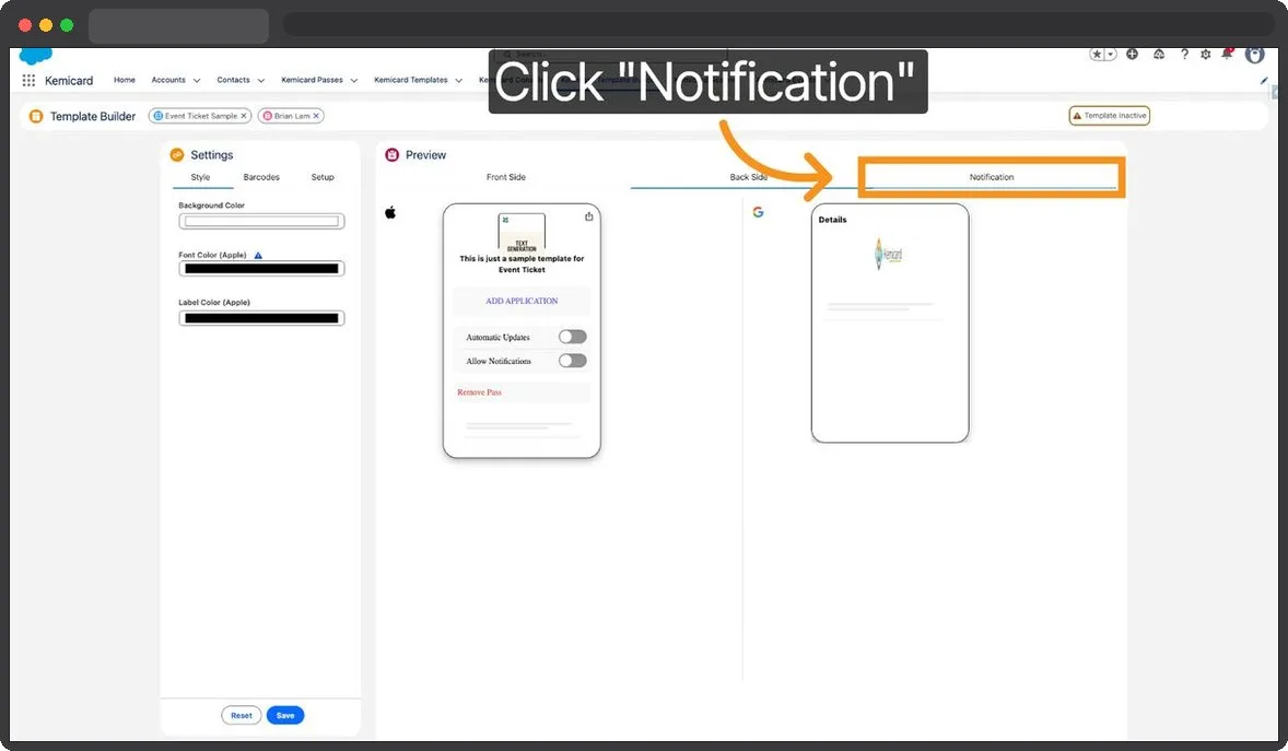 Kemicard Studio — Select Notification Tab