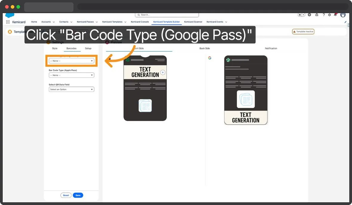 Kemicard Studio — Select Google Pass Barcode Type