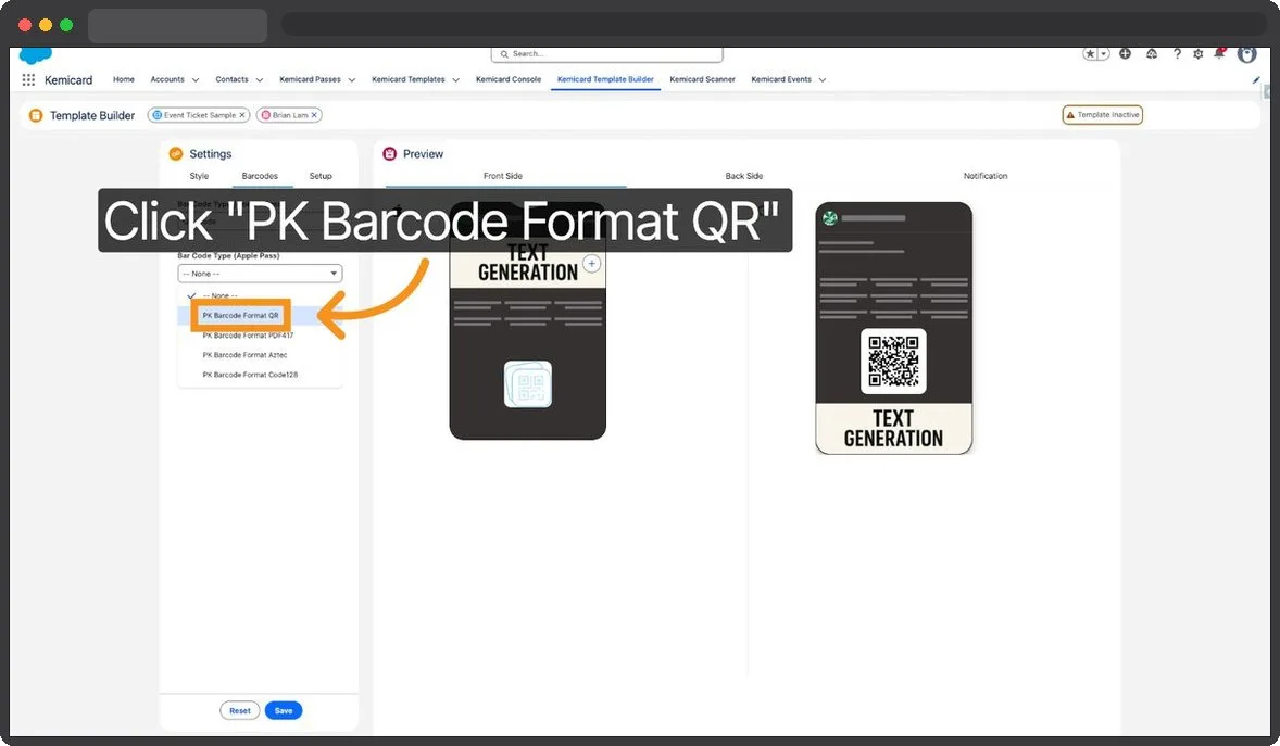 Kemicard Studio — Choose Apple QR Barcode Format
