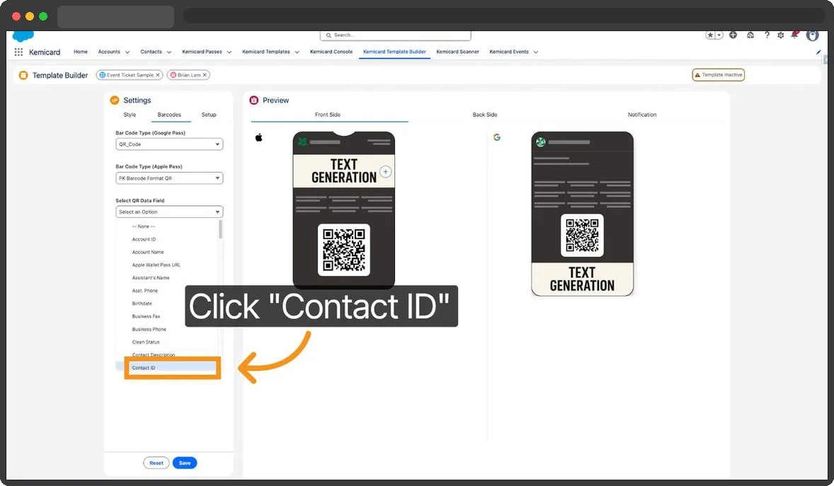 Kemicard Studio — Choose Contact ID Field