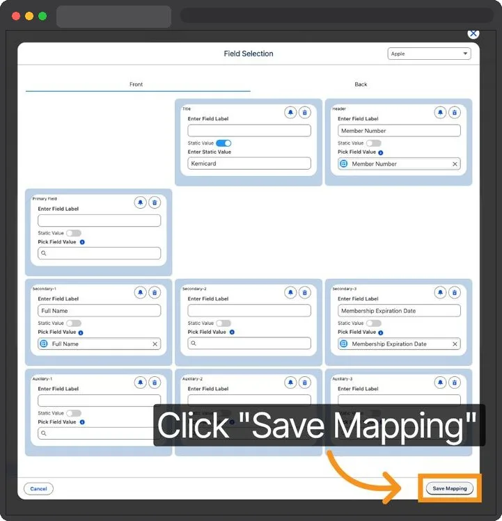Kemicard Studio — Save Field Mappings