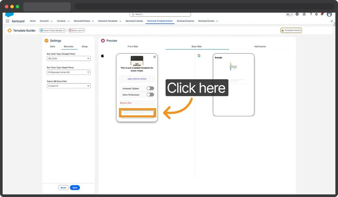 Kemicard Studio — Access Back Side Settings