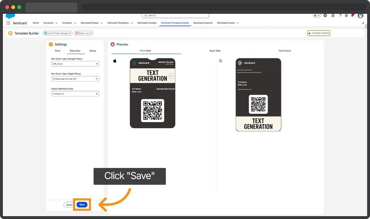 Kemicard Studio — Save Front Side Settings