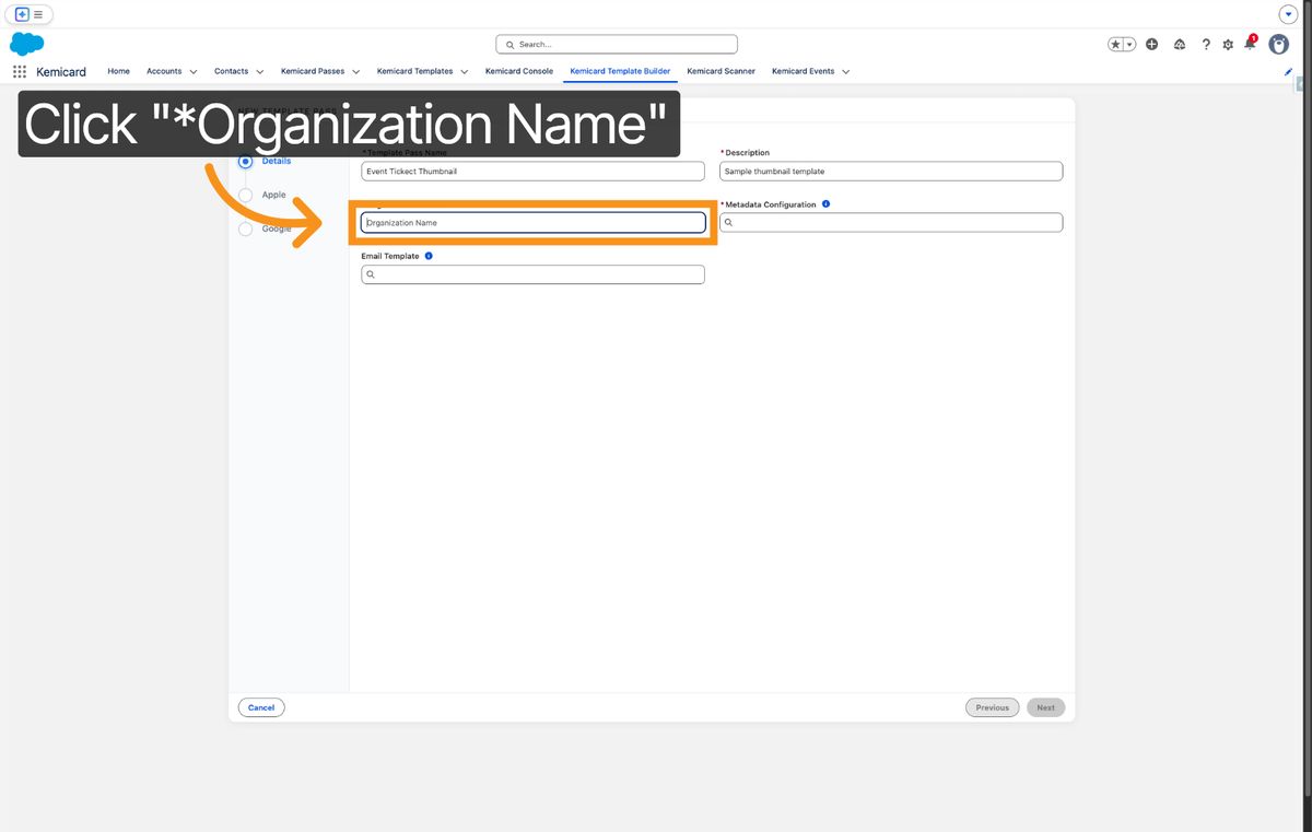 Kemicard Studio — Select Organization Name Field