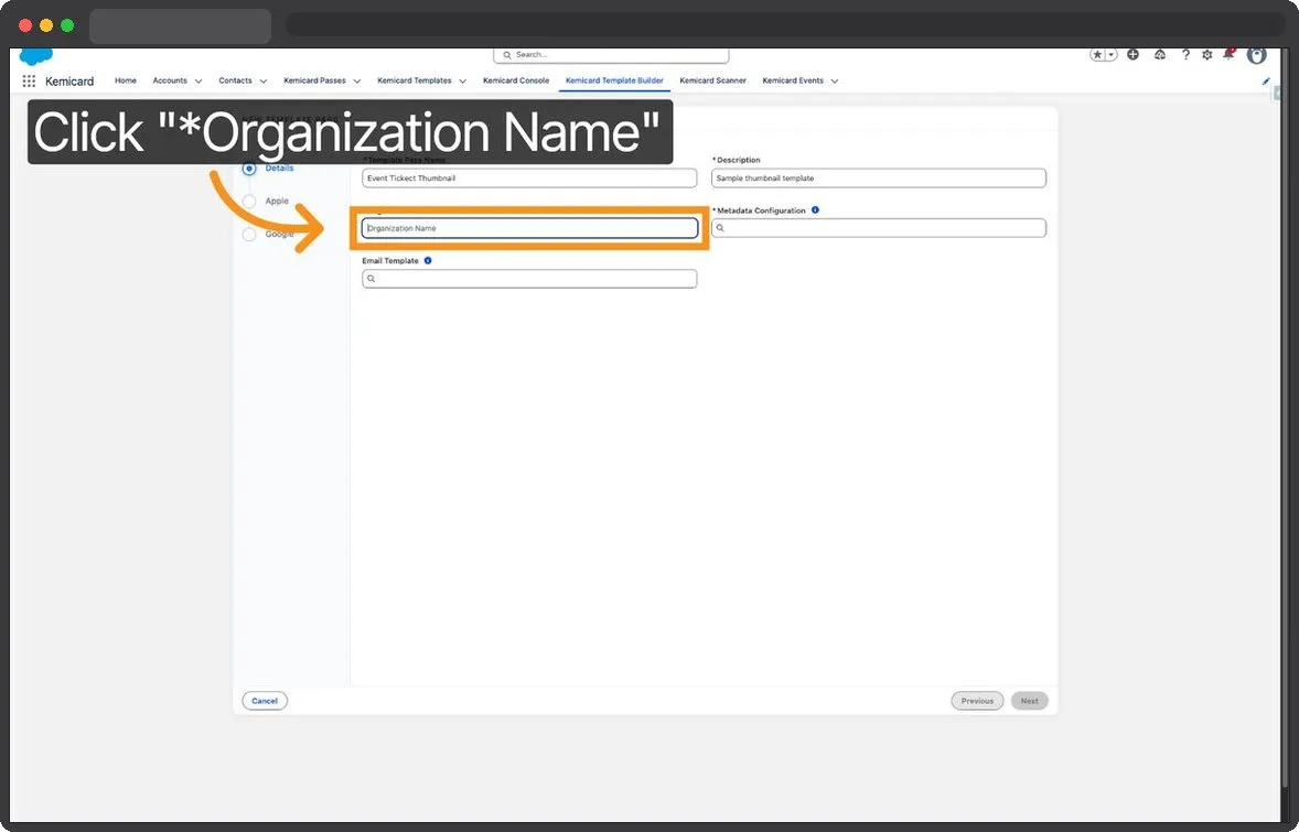 Kemicard Studio — Select Organization Name Field